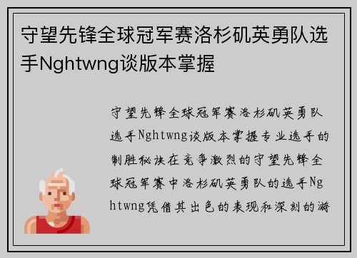 守望先锋全球冠军赛洛杉矶英勇队选手Nghtwng谈版本掌握